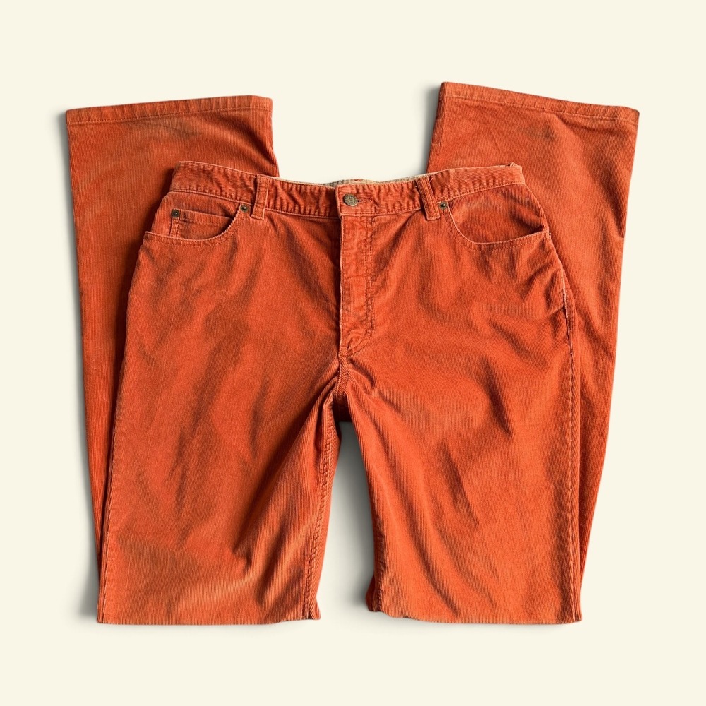 Vintage 90s Eddie Bauer Corduroy Pants Women's 12 Tall Rust Orange Bootcut 34